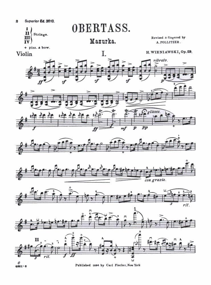 Wienawski, Henryk - Obertass (Mazurka), Op 19, No 1 - Violin and Piano - edited by A Pollitzer - Carl Fischer Edition - Image 3