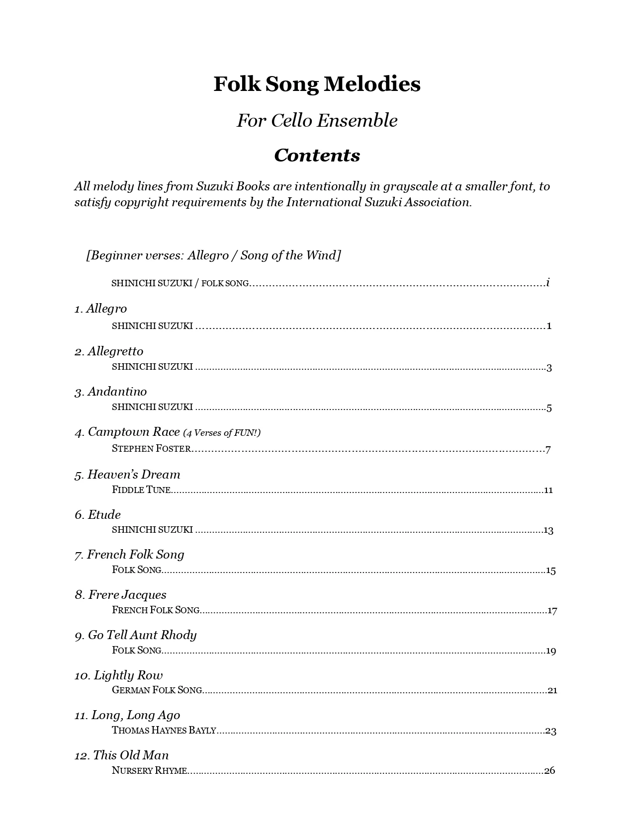 Yasuda, Martha - Folk Song Melodies For Cello Ensemble - Digital Download - Image 2