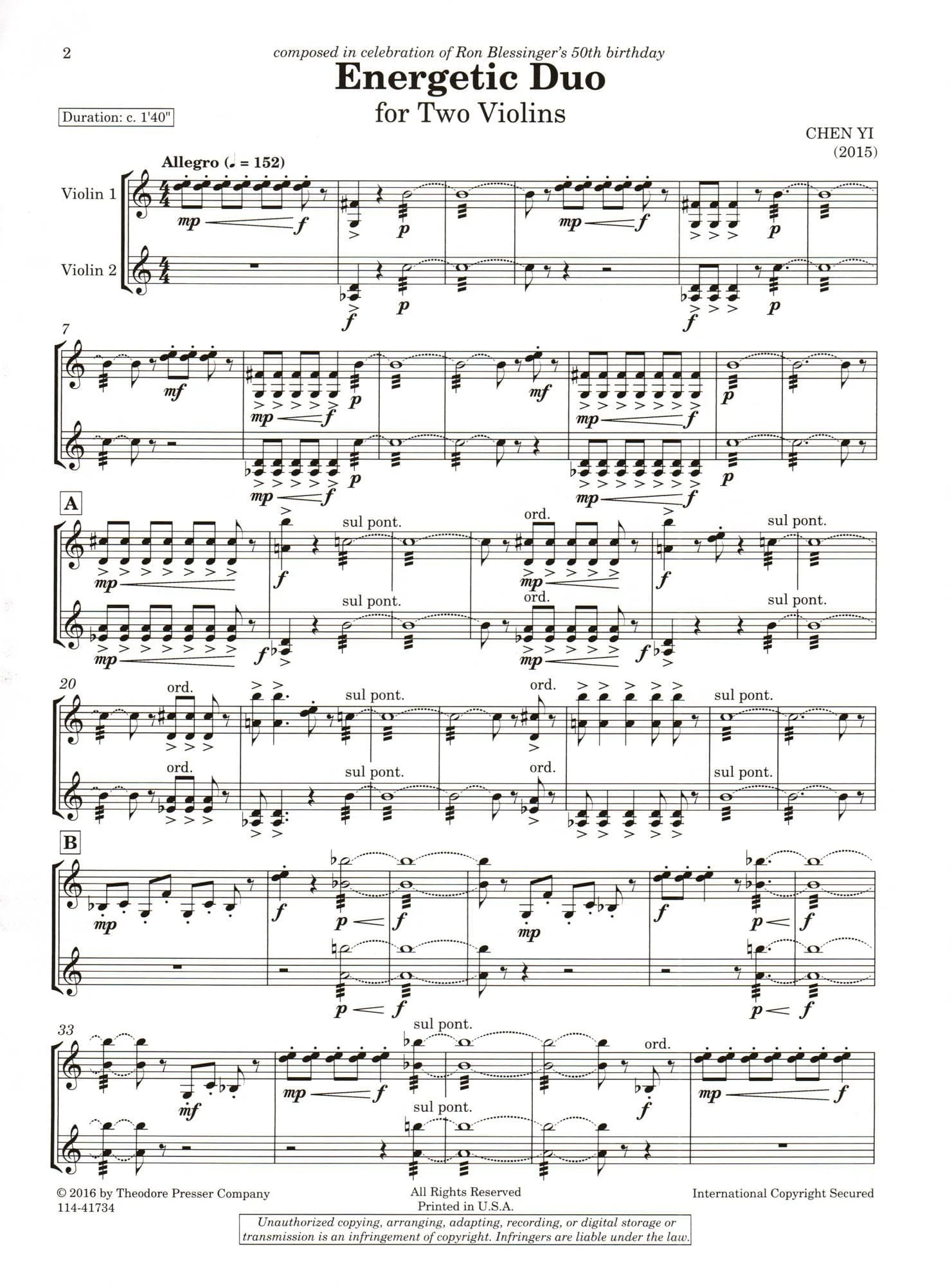 Chen Yi - Energetic Duo - for Two Violins - Theodore Presser Company - Image 3